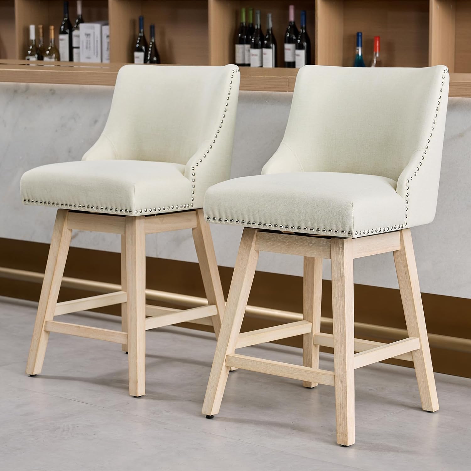Counter Height Swivel Bar Stools Set of 2, Modern Linen Fabric Swivel Barstools with Back and Wood Legs, Upholstered 26" Seat Height Counter Stools for Kitchen Island, Home Bar, Beige