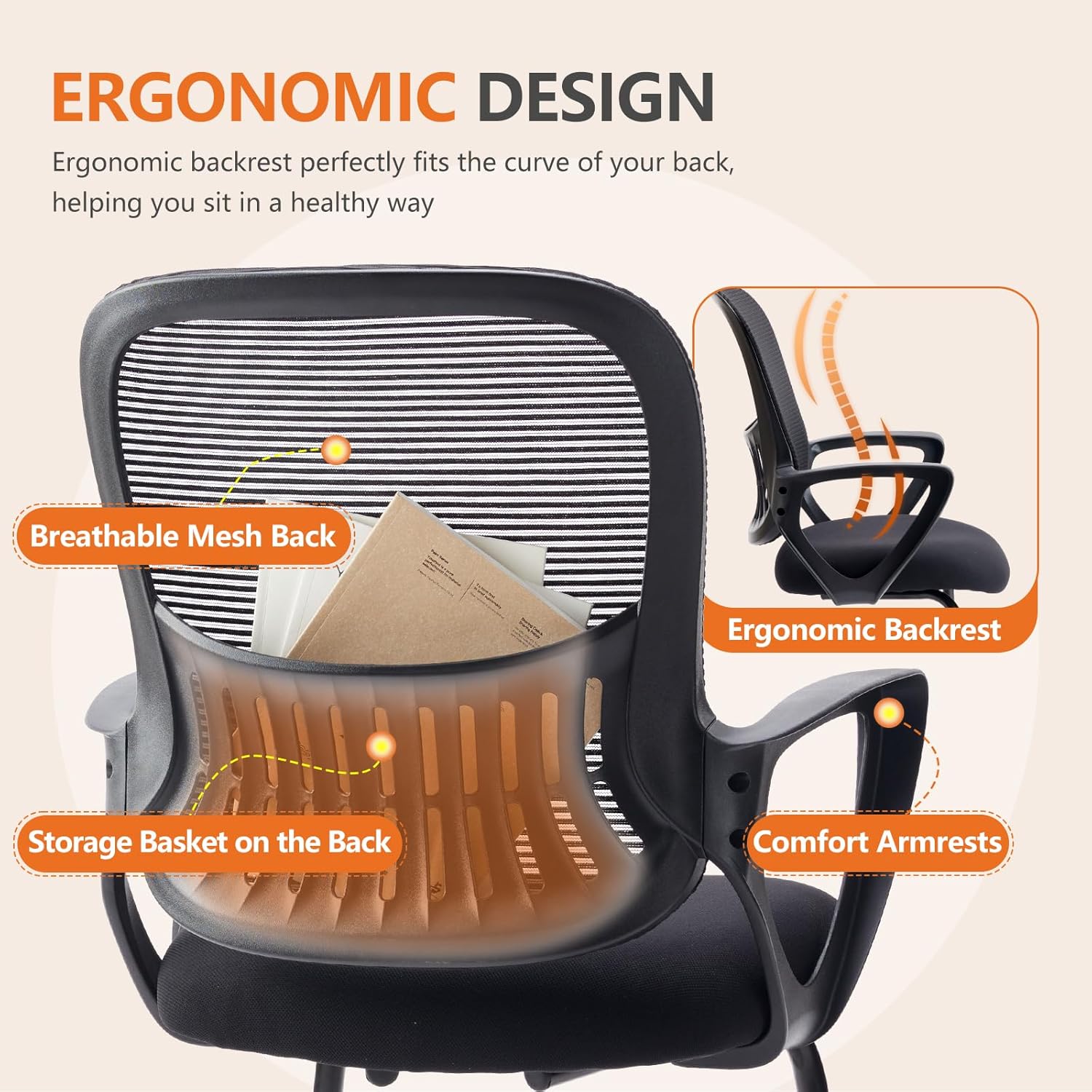 Sweetcrispy Reception Chair No Wheels, Stationary Non Rolling Mesh Mid Back Computer Guest Side with Lumbar Support for Waiting Area Reception Conference Room, Set of 2, Modern Black
