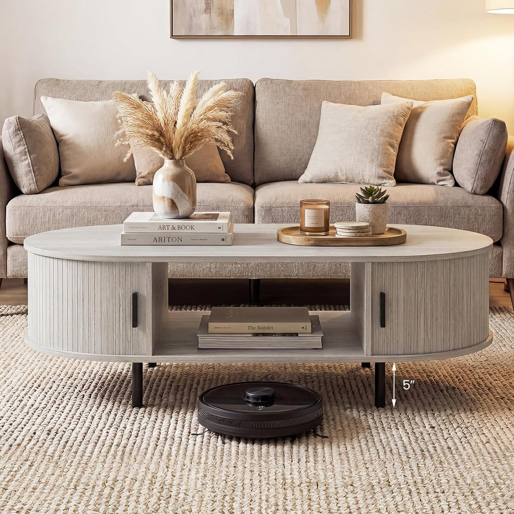 Giantex Oval Coffee Table, 47.5" Mid Century Modern Center Table with Sliding Tambour Doors, Hidden Storage & Open Compartment, Fluted Wood Living Room Tables for Small Spaces (Light Grey Oak)