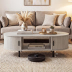 Giantex Oval Coffee Table, 47.5" Mid Century Modern Center Table with Sliding Tambour Doors, Hidden Storage & Open Compartment, Fluted Wood Living Room Tables for Small Spaces (Light Grey Oak)