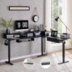 RedLemon 75X60 Inches L Shaped Electric Standing Desk, Height Adjustable Corner Gaming Desk with Drawers, Power Outlets & LED Lights, Computer Desk with Monitor Shelf, Carbon Fiber Black