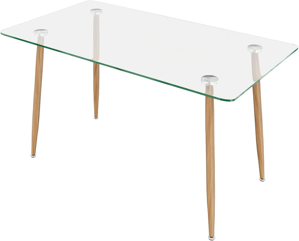 Tangkula Glass Dining Table, Modern Rectangular Table with Tempered Glass & Black Steel Legs, Simplistic Kitchen Versatile Table for Home Office