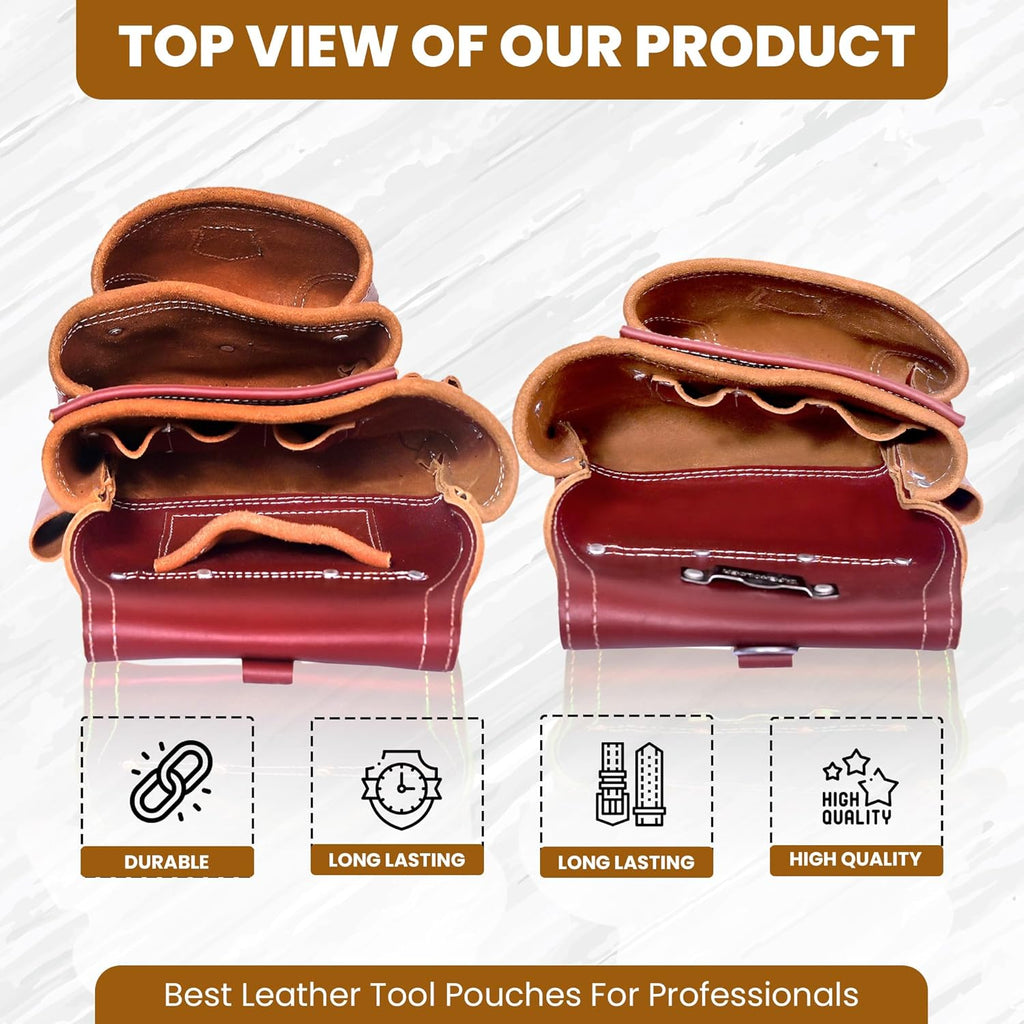 Professional 11 Pockets Leather Tool Pouch Bags/Carpenter Tool Belt Set | Heavy-duty Drywall Pouch, Electrician Pouch, And Framing Tool Belt Pouches (Maroon, Standard)
