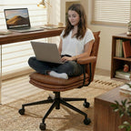 Brown Office Chair with Triple-Layers Thicken Wide Seat, Mid Back Leather Desk Chair with Wheels and Arms, Mid-Century Modern Computer Chair for Home Office