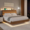 Feonase Floating Bed Frame Queen with Led Lights and Charging Station, Wood Full Size Bed Frame with Storage Headboard, Heavy Duty Metal Slats, No Box Spring Needed, Easy Assembly,Walnut