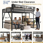 Queen Size Loft Bed with Stairs and Storage, Metal Loft Bed Frame with Bedside Shelf and Large Under-Bed Space, Heavy-Duty Loft Beds for Adults Teens and Kids, Convertible Staircase, Black