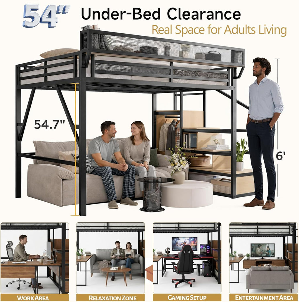 Full Size Loft Bed with Stairs and Storage, Metal Loft Bed Frame with Bedside Shelf and Large Under-Bed Space, Heavy-Duty Bed for Adults Teens and Kids, Convertible Staircase, Black