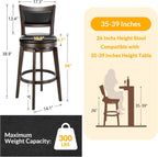 PrimeZone Swivel Bar Stools Set of 3, 26 Inch Counter Height Barstools, Black Faux Leather Bar Stool with High Backrest & Solid Wood Legs & Wrap-around Footrest, Counter Stools for Kitchen Island, Pub