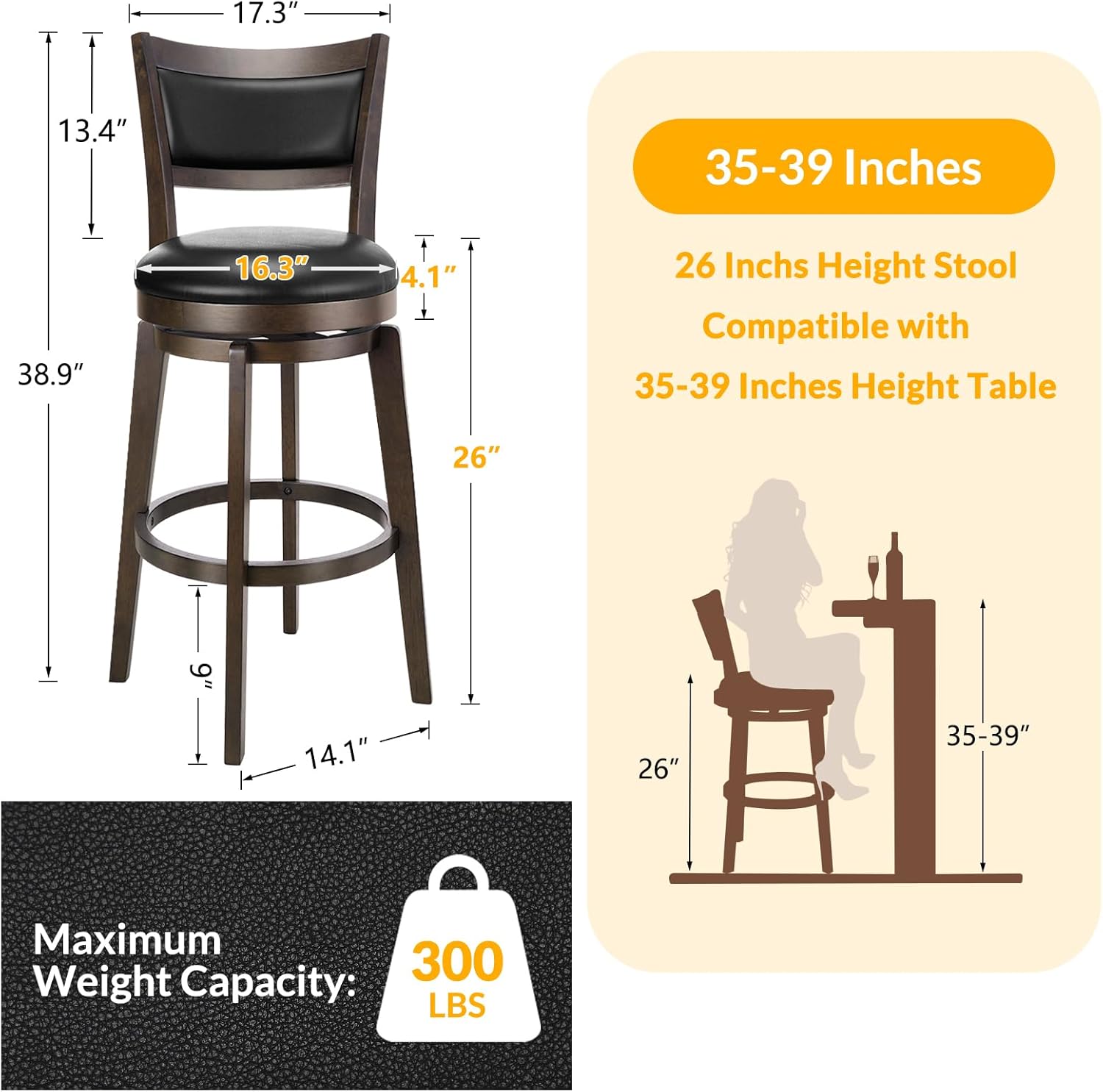 PrimeZone Swivel Bar Stools Set of 3, 26 Inch Counter Height Barstools, Black Faux Leather Bar Stool with High Backrest & Solid Wood Legs & Wrap-around Footrest, Counter Stools for Kitchen Island, Pub
