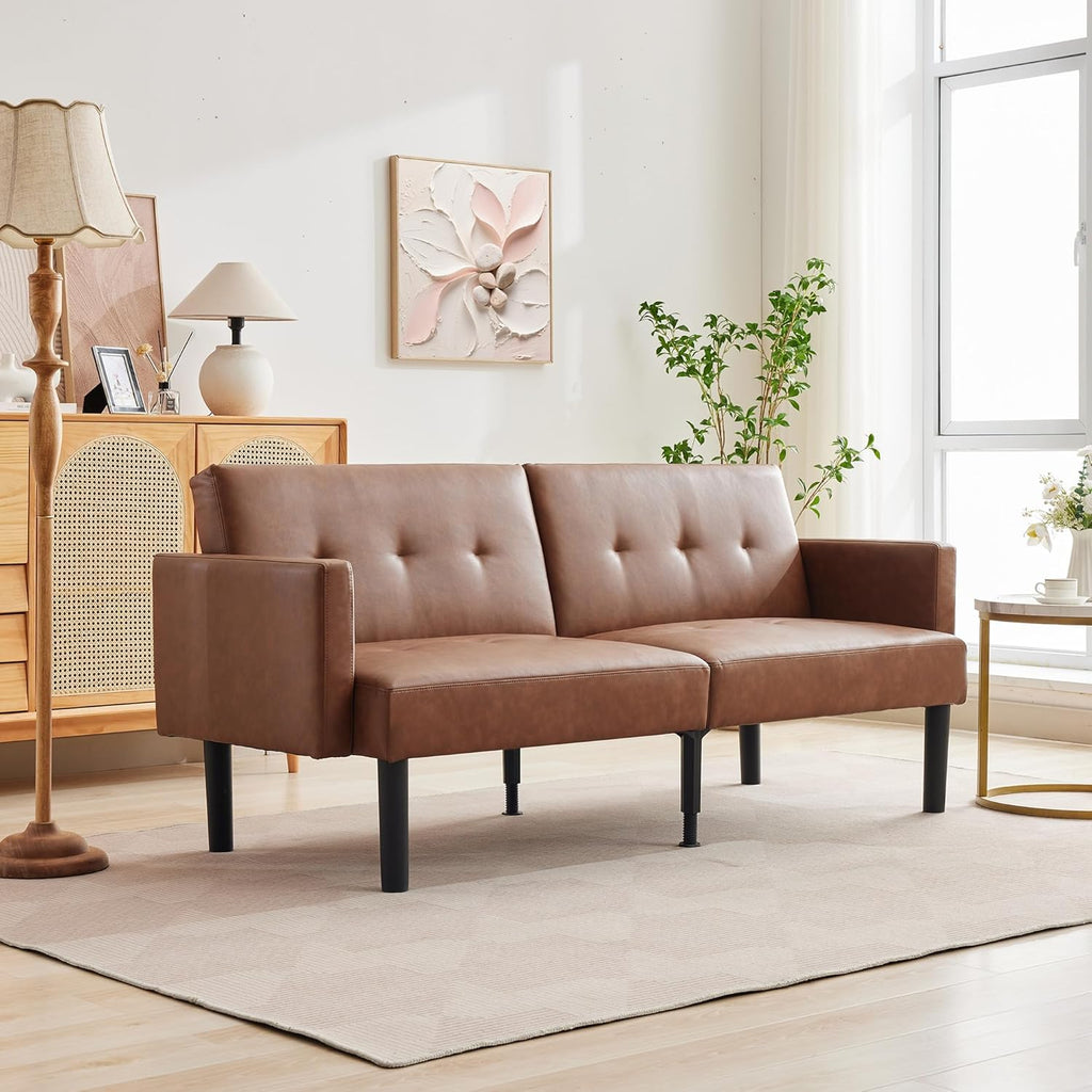 Garvee 75.5" Convertible Futon Sofa Bed, PU Leather Upholstered Futon Couch with Strong Legs, Mid Century Modern Sleeper Sofa, Comfy Loveseat for Living Room, Bedroom, Dorm, Brown