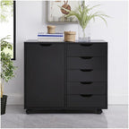5-Drawer Wood Drawer Cabinet, Office Storage Cabinet with Adjustable Shelf & Wheels, Printer Stand for Home Office, Black, 15.7" D x 30.7" W x 25.4" H