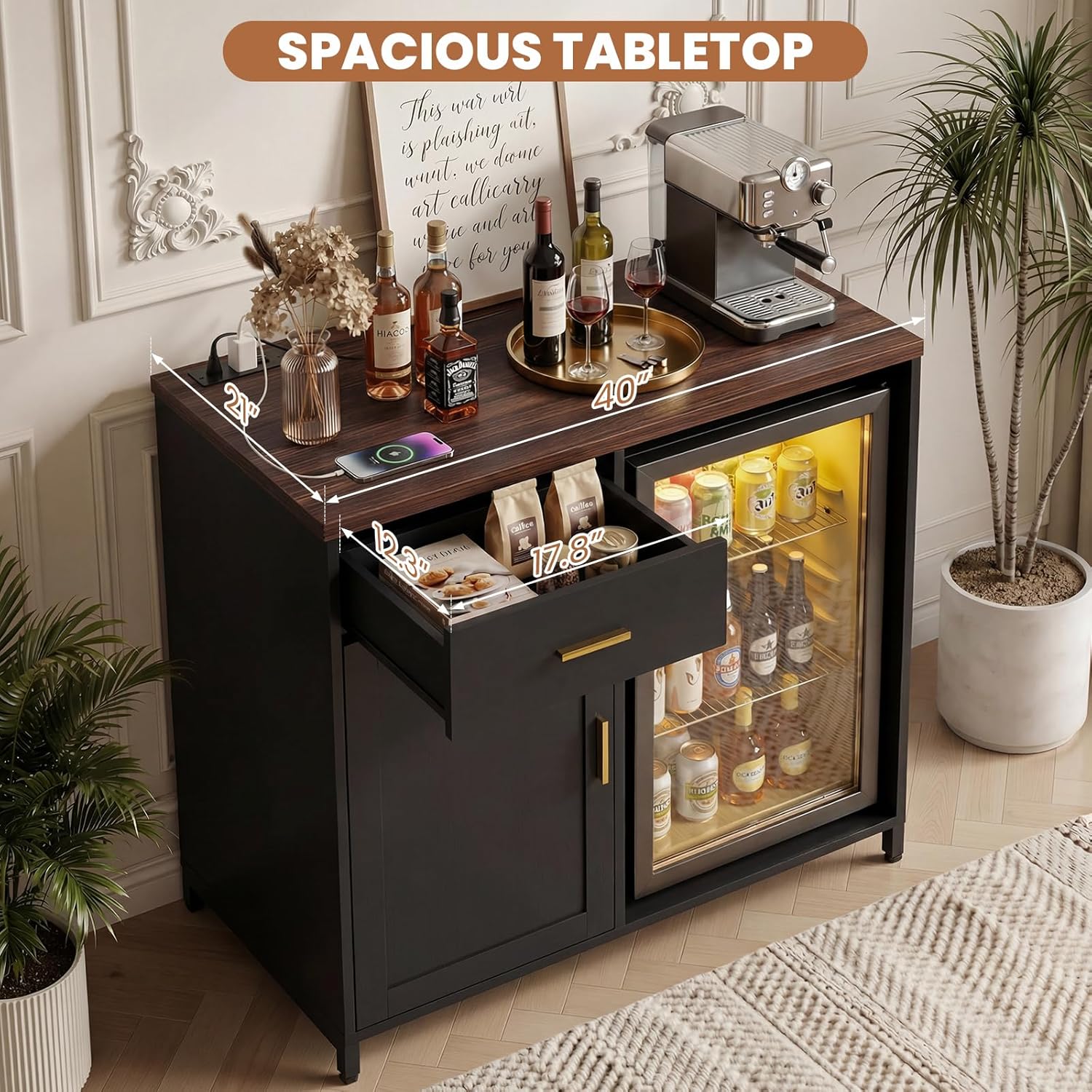 Unikito Coffee Bar Cabinet with Mini Fridge Space, Mini Fridge Cabinet Stand with Power Outlet, Liquor Wine Cabinets with Drawer Storage and Wine Glass Holder, Home Bar for Dining Room, Kitchen, Black