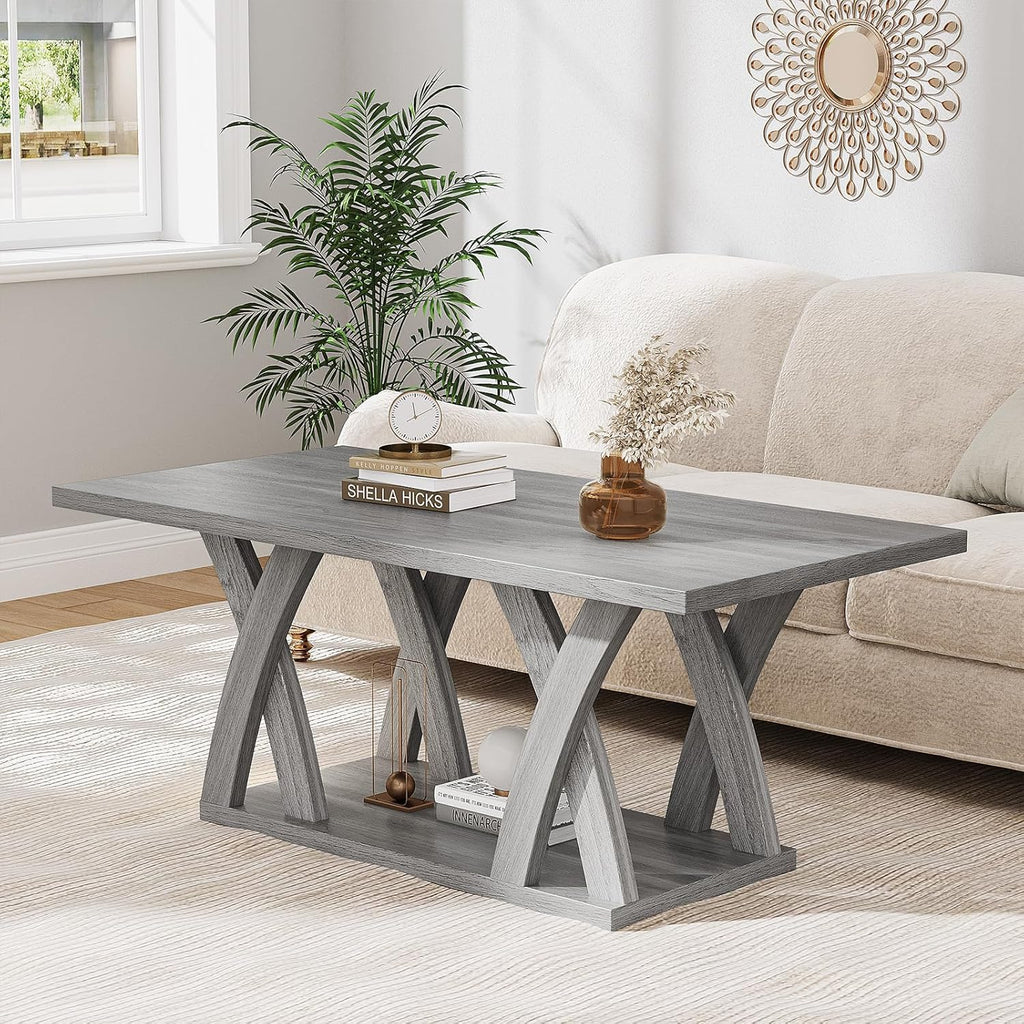 47” Farmhouse Coffee Tables for Living Room Rustic Stands with Storage Shelf Grey Coffee Tables for Living Room Farmhouse Center Stands with Shelf Wood Rectangle Center Table