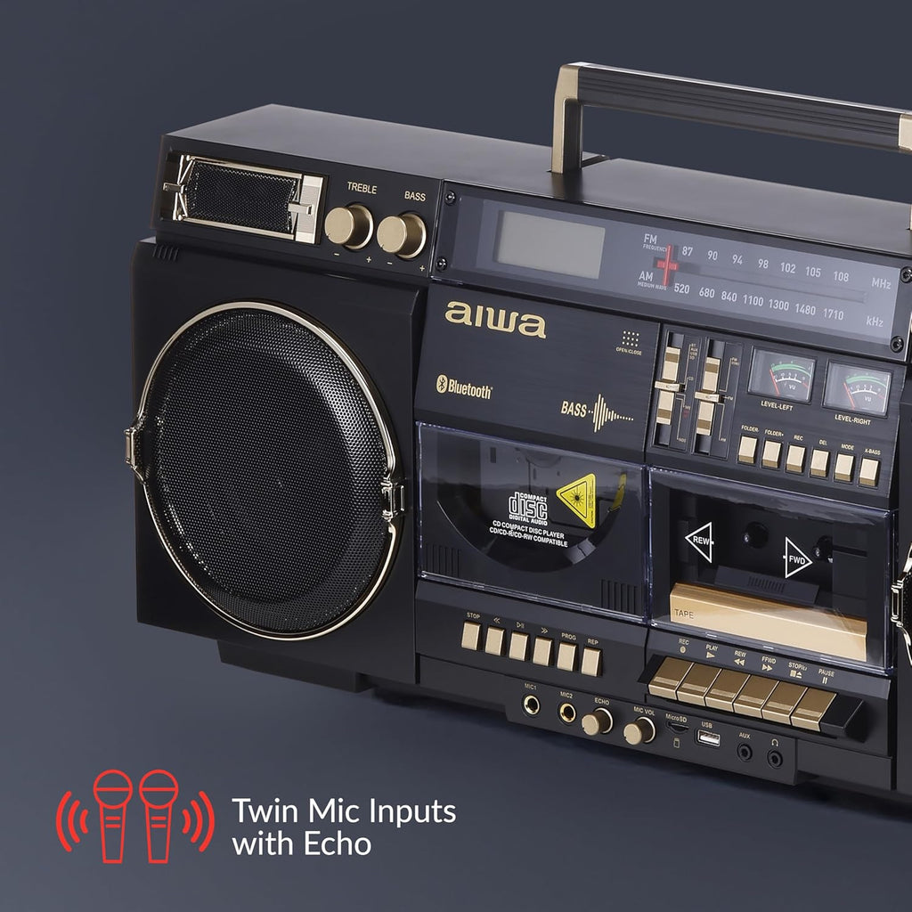 aiwa Retro Boombox BackTrack CD Player with Cassette Recording  Bluetooth 5.0  FM/AM Radio  USB/SD/AUX Inputs  VU Meters  LCD Display  Dual 40W Speakers (Black and Gold)