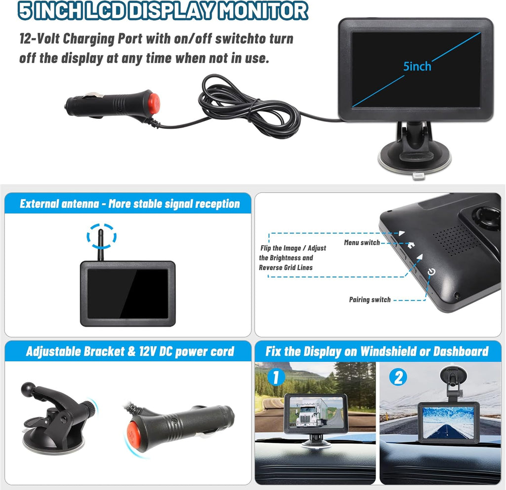 3x Wireless WiFi Magnetic Backup Cameras 1080P HD 5" Dual Monitor Battery Powered No Wiring Rear View Reverse Monitoring Camera Portable Kit for Car Truck Pickup RV Camper 5th Wheel Boat Horse Trailer