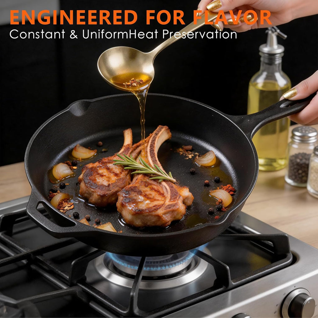 6 Piece Pre-Seasoned Cast Iron Cookware Set – Incl. 5QT Dutch Oven with Lid, 8'' and 10.25'' Cast Iron Skillets, 10.5'' Round Griddle, and a Square Grill Pan for Kitchen, Stovetop, & Camping
