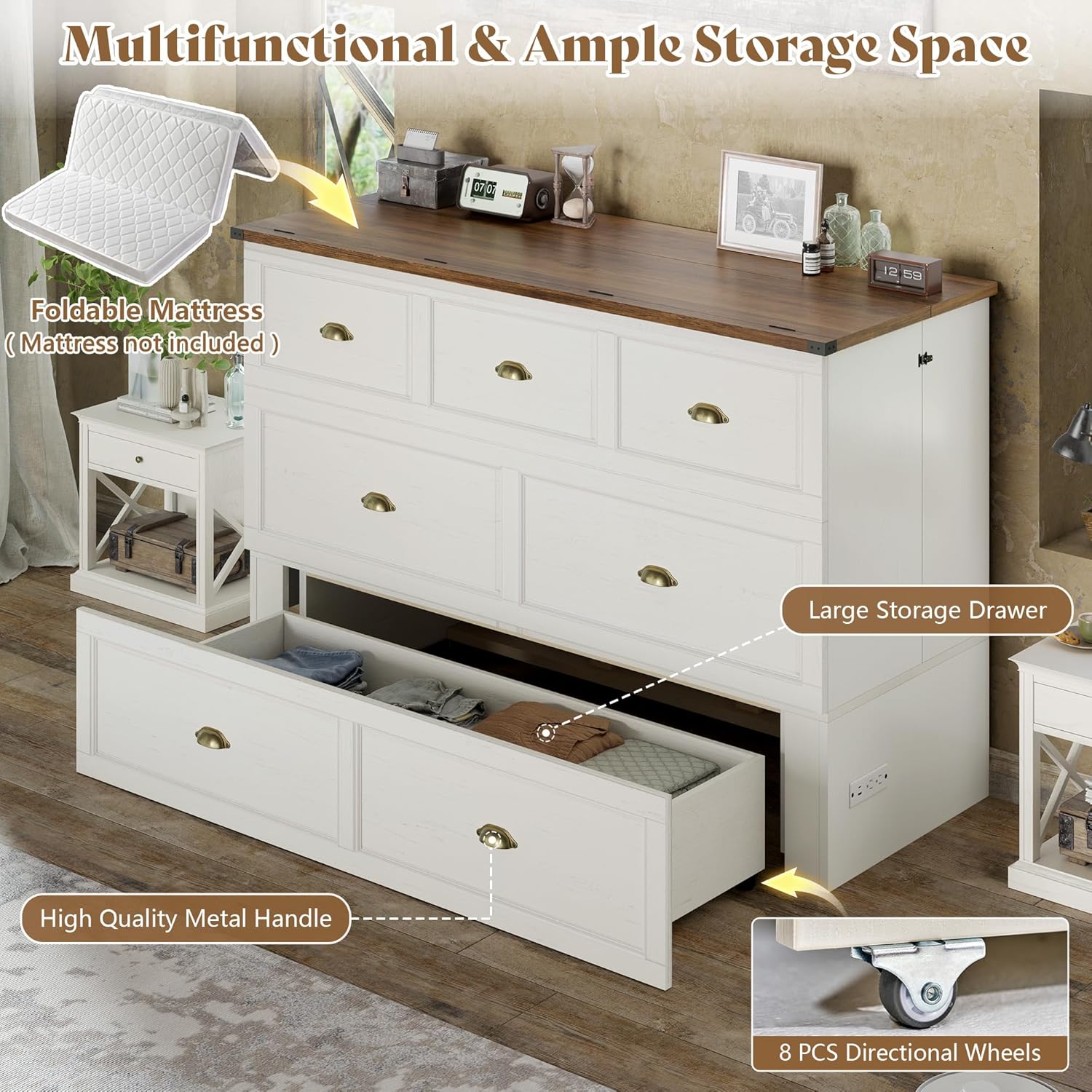 AMERLIFE Queen Size Murphy Bed, Farmhouse Wooden Cabinet with Charging Station and Storage Drawer for Bedroom/Office/Guest Room, White+Barnwood