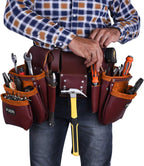 FUERI Leather Tool Belt 17 Pocket Pouches Bags Men Suspenders Holder Organizer for Carpenter Construction Electrician - Maroon