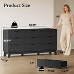 63" Long Dresser for Bedroom, 9-Drawer Fluted Dresser, Extra-Wide Wood Chest of Drawers with Smooth Metal Slides, Stable Base, Modern Clothes Storage Cabinet for Living Room, Hallway, Nursery