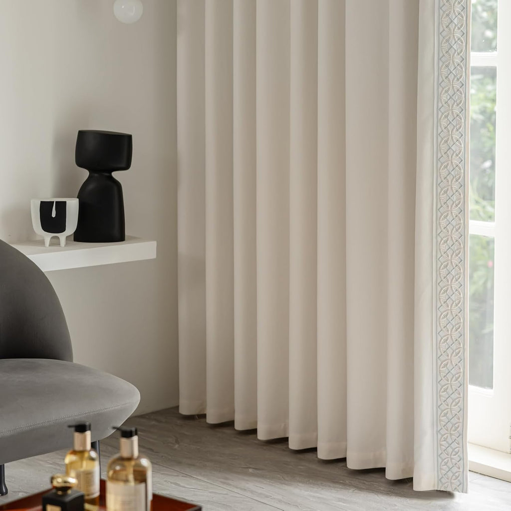 Luxury Cotton Linen Pinch Pleat Curtains, Embroidered Trim Memory Trained Drapes for Stylish Living Room, (50" W x 96" L)