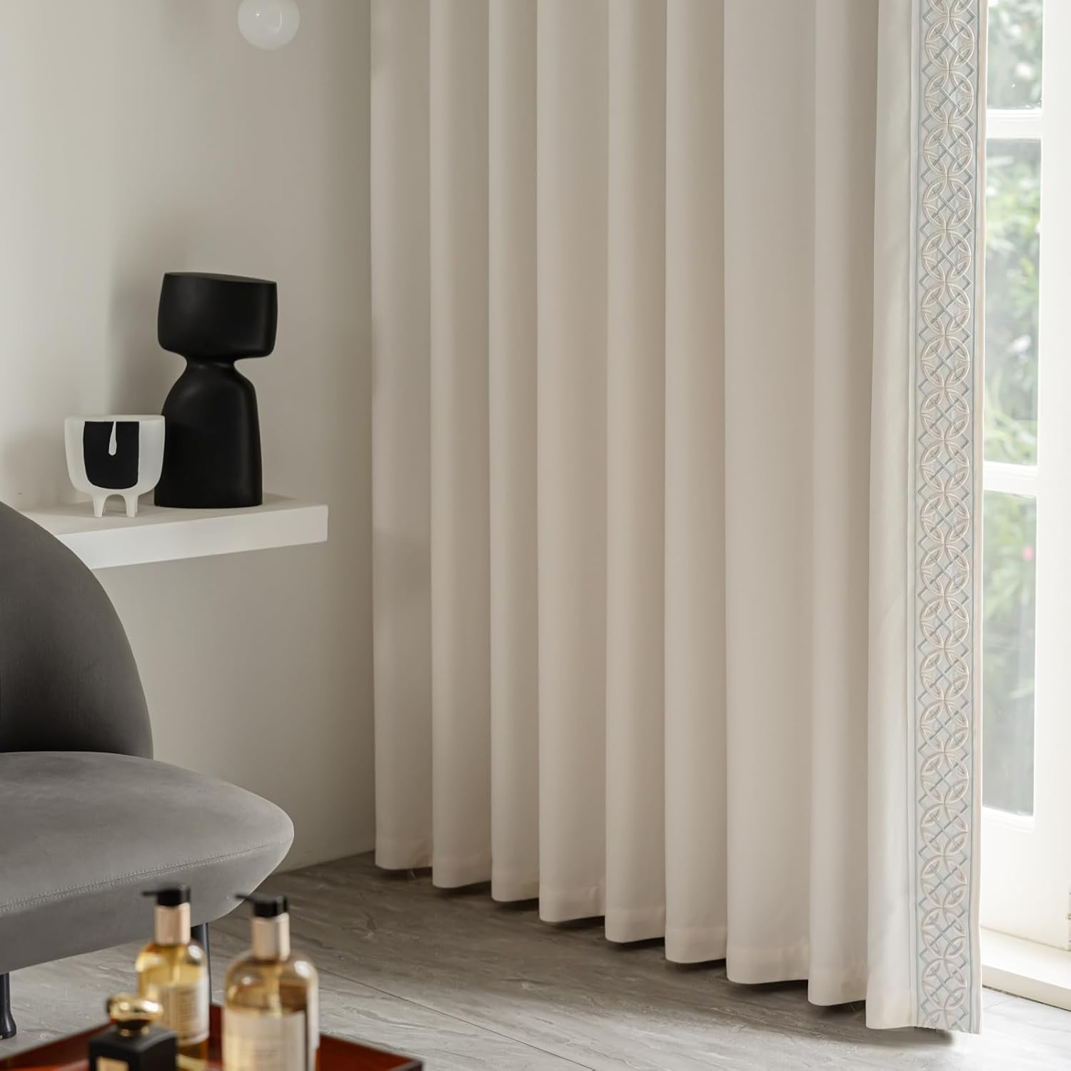 Luxury Cotton Linen Pinch Pleat Curtains, Embroidered Trim Memory Trained Drapes for Stylish Living Room, (50" W x 96" L)