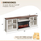 98" Farmhouse TV Stand with 36" Fireplace for TVs up to 100", Media Entertainment Center with Adjustable Shelves and Large Storage Cabinets, for Living Room, White & Black
