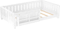 Bellemave Twin Floor Bed with Slats and Safety Guardrail, Twin Size Montessori Floor Bed with Fence and Built-in Bookshelf, Easy Assemble Montessori Beds for Kids, Girls, Boys, White