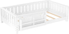 Bellemave Twin Floor Bed with Slats and Safety Guardrail, Twin Size Montessori Floor Bed with Fence and Built-in Bookshelf, Easy Assemble Montessori Beds for Kids, Girls, Boys, White