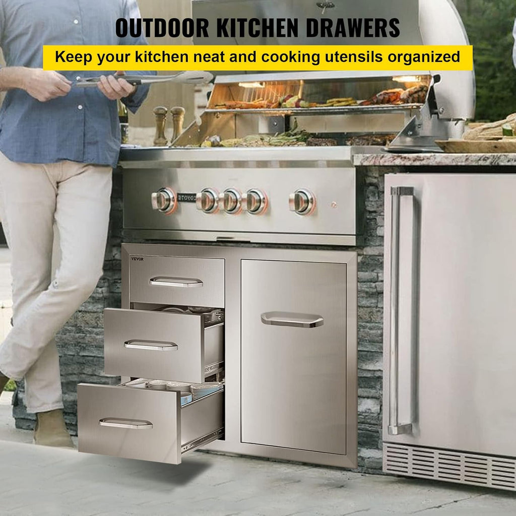VEVOR Stainless Steel Cabinet  Outdoor Kitchen Door Drawer Combo 29.5" W x 22.6" H x 21.7" D  Access Door/Triple Drawers  Propane Drawer  Adjustable Garbage Ring  BBQ Island Patio Grill Station