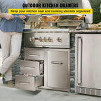 VEVOR Stainless Steel Cabinet  Outdoor Kitchen Door Drawer Combo 29.5" W x 22.6" H x 21.7" D  Access Door/Triple Drawers  Propane Drawer  Adjustable Garbage Ring  BBQ Island Patio Grill Station