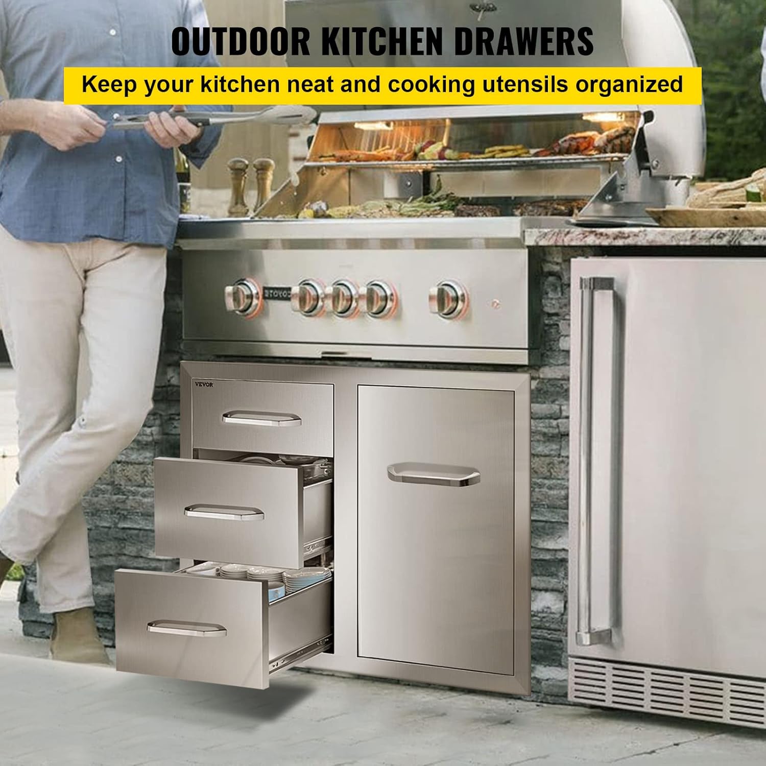 VEVOR Stainless Steel Cabinet  Outdoor Kitchen Door Drawer Combo 29.5" W x 22.6" H x 21.7" D  Access Door/Triple Drawers  Propane Drawer  Adjustable Garbage Ring  BBQ Island Patio Grill Station