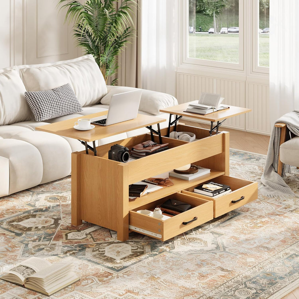 GarveeHome Coffee Table Lift Top, Convertible Coffee Table with Wooden Lift Tabletop, 2 Drawers and Hidden Compartment, Central Table with Storage for Living Room Home Office, Natural