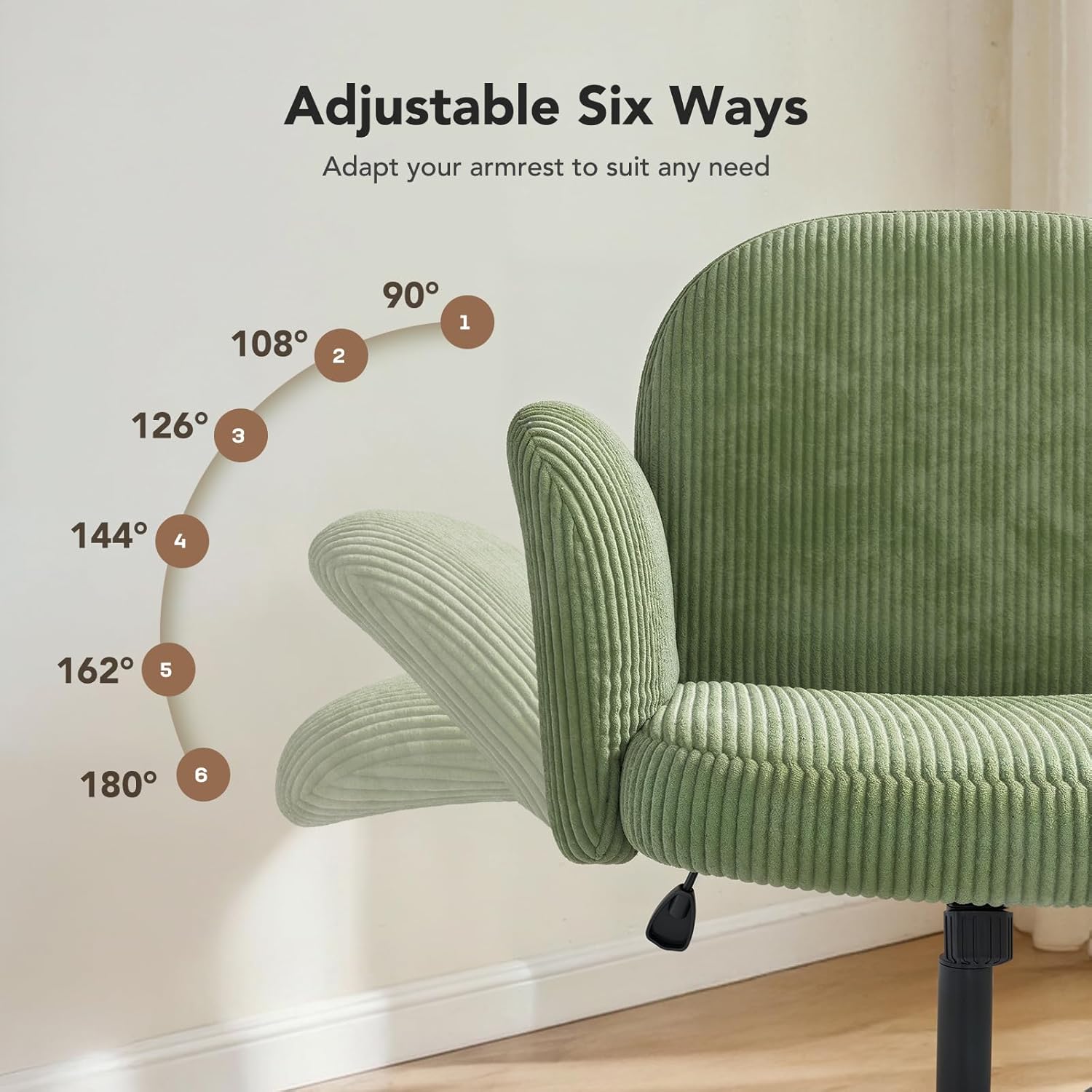 HUANUO Vanity Chair with 6-Position Adjustable Armrests, Criss Cross Chair with Wide Cushion, Soft Corduroy Fabric, 90°-105° Recline, Pet-Friendly, Perfect for Makeup Bedroom, Home Office, Light Green