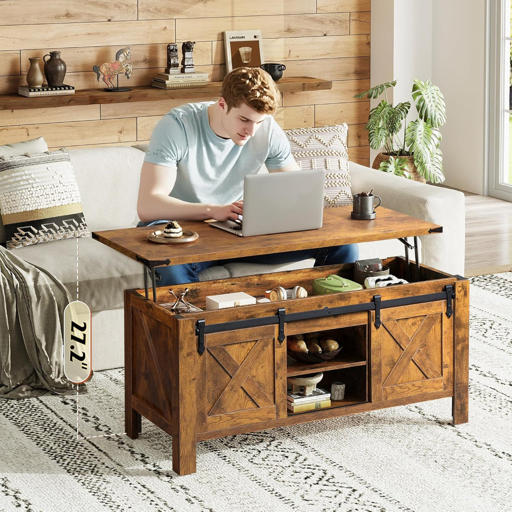 WLIVE 47.3" Farmhouse Lift Top Coffee Table with Sliding Barn Doors, Large Hidden Storage Compartment and Adjustable Shelf for Living Room,Office, Rustic Brown