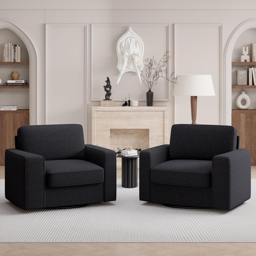 Swivel Accent Sofa Chair Set of 2, 360 Degree Rotation 36'' Width Oversized Wingback Armchair Linen Fabric Single Thick Cushion Soft Living Room, Office Black