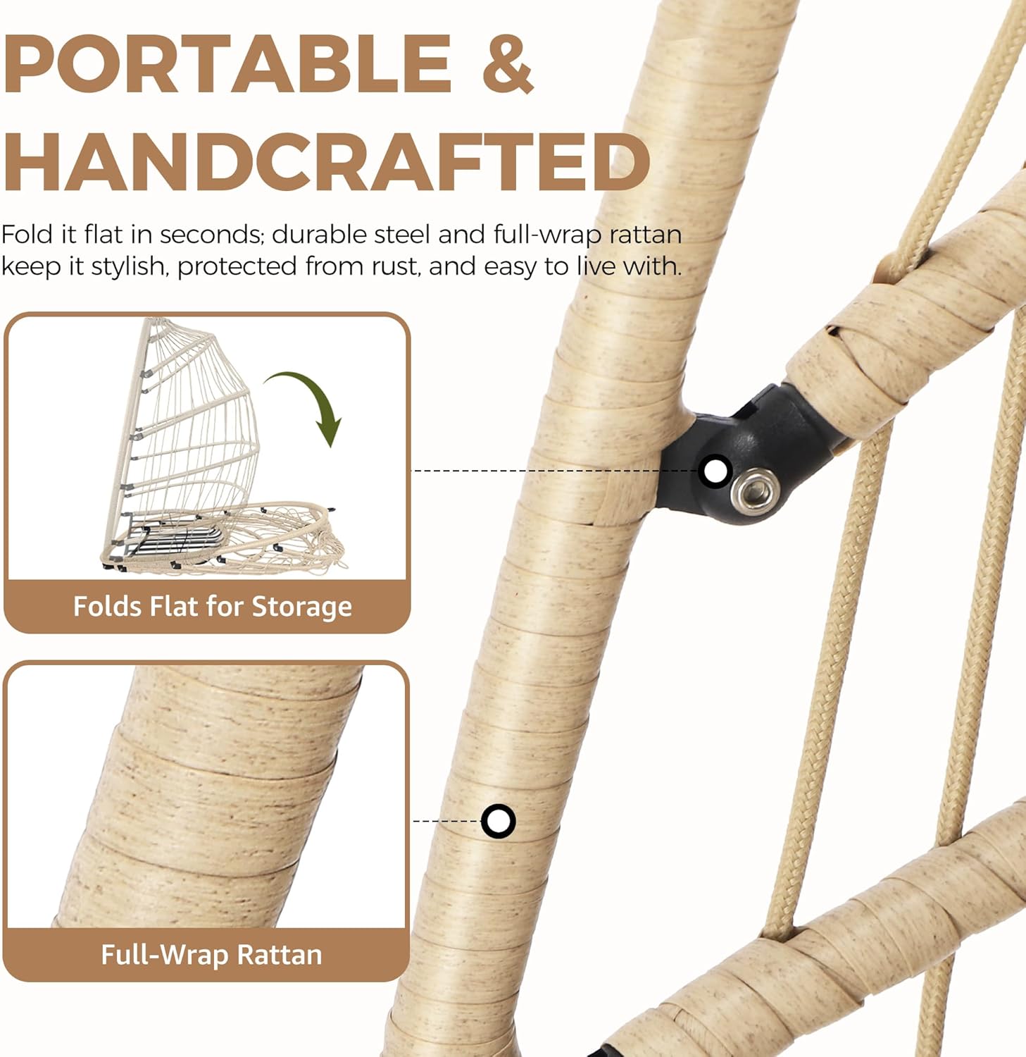 BULEXYARD Wicker Egg Chair Without Stand, 350 Lbs Foldable Rattan Swing with Cozy Padded Cushion, All-Season Hanging Hammock Basket for Outdoor Patio Balcony Bedroom Garden Tree Ceiling, Beige