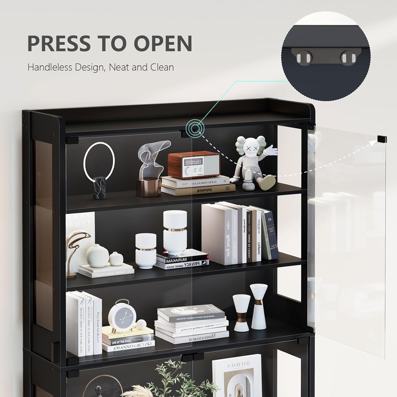 Glass Display Cabinet 69''H with LED Lights, 5-Tier Showcase with Drawers, Collectible Figure Display Case, Freestanding Curio Cabinet, Tall Storage Shelves, Black, 27.6''W