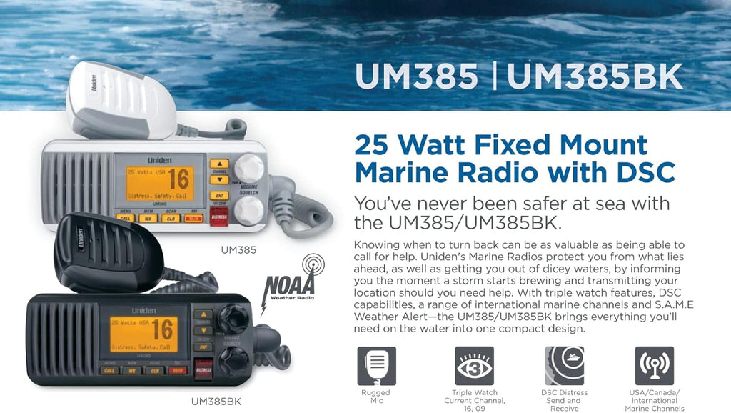 Uniden UM385 25 Watt Fixed Mount Marine Vhf Radio  Waterproof IPX4 with Triple Watch  Dsc  Emergency/Noaa Weather Alert  All Usa/International/Canadian Marine Channels  Memory Channel Scan  White