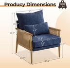 Karl home Cozy Chenille Accent Chair with Lumbar Pillow & Rattan Arms Modern Lounge Chair for Living Room, Bedroom, Reading Nook, Blue