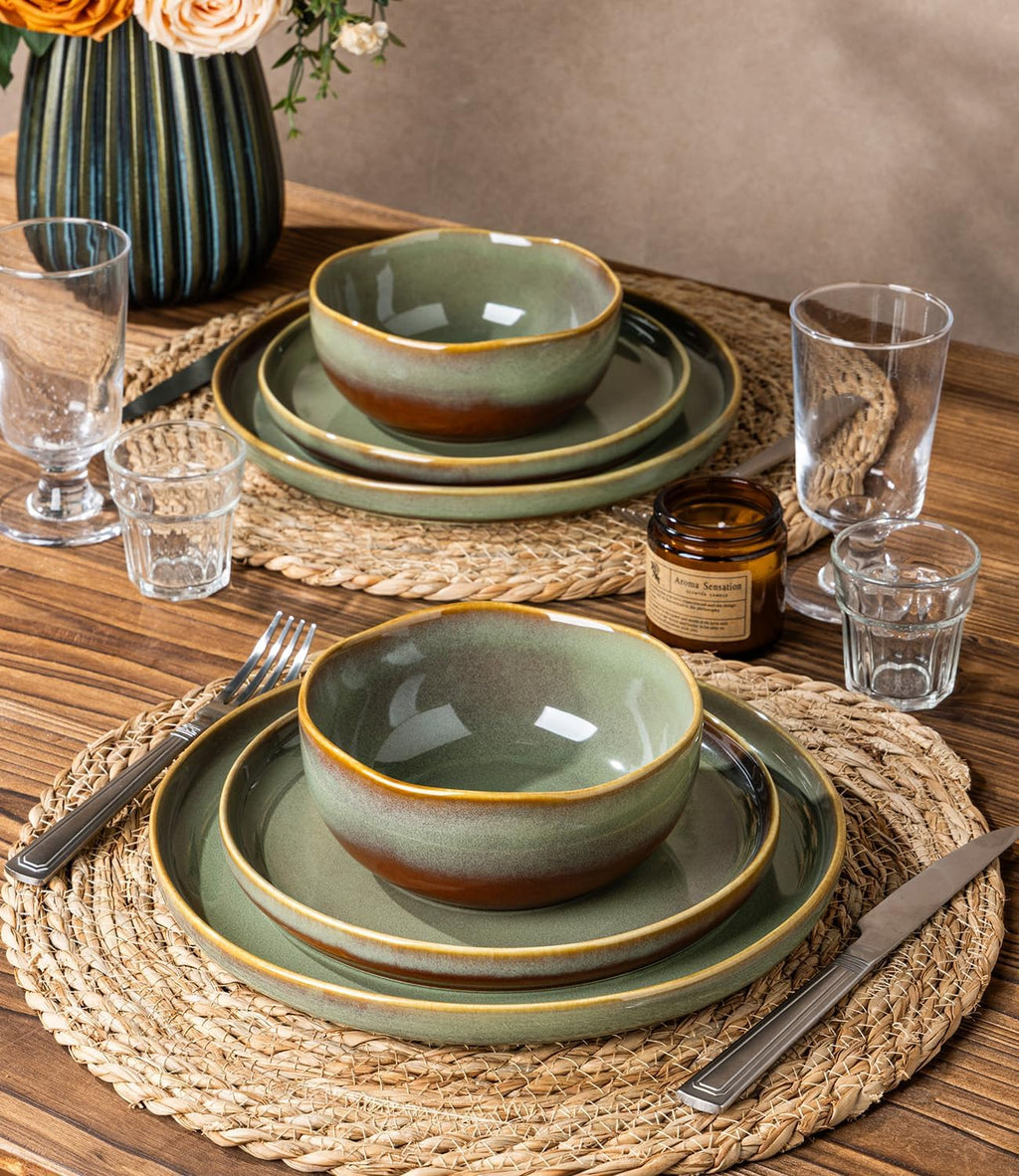 TheTerra Ceramic Dinnerware Sets for 6, 18 Pieces Handmade Reactive Glaze Plates and Bowls Sets, Scratch Resistant Dish Set, Oven & Microwave & Dishwasher Safe, Brown Green