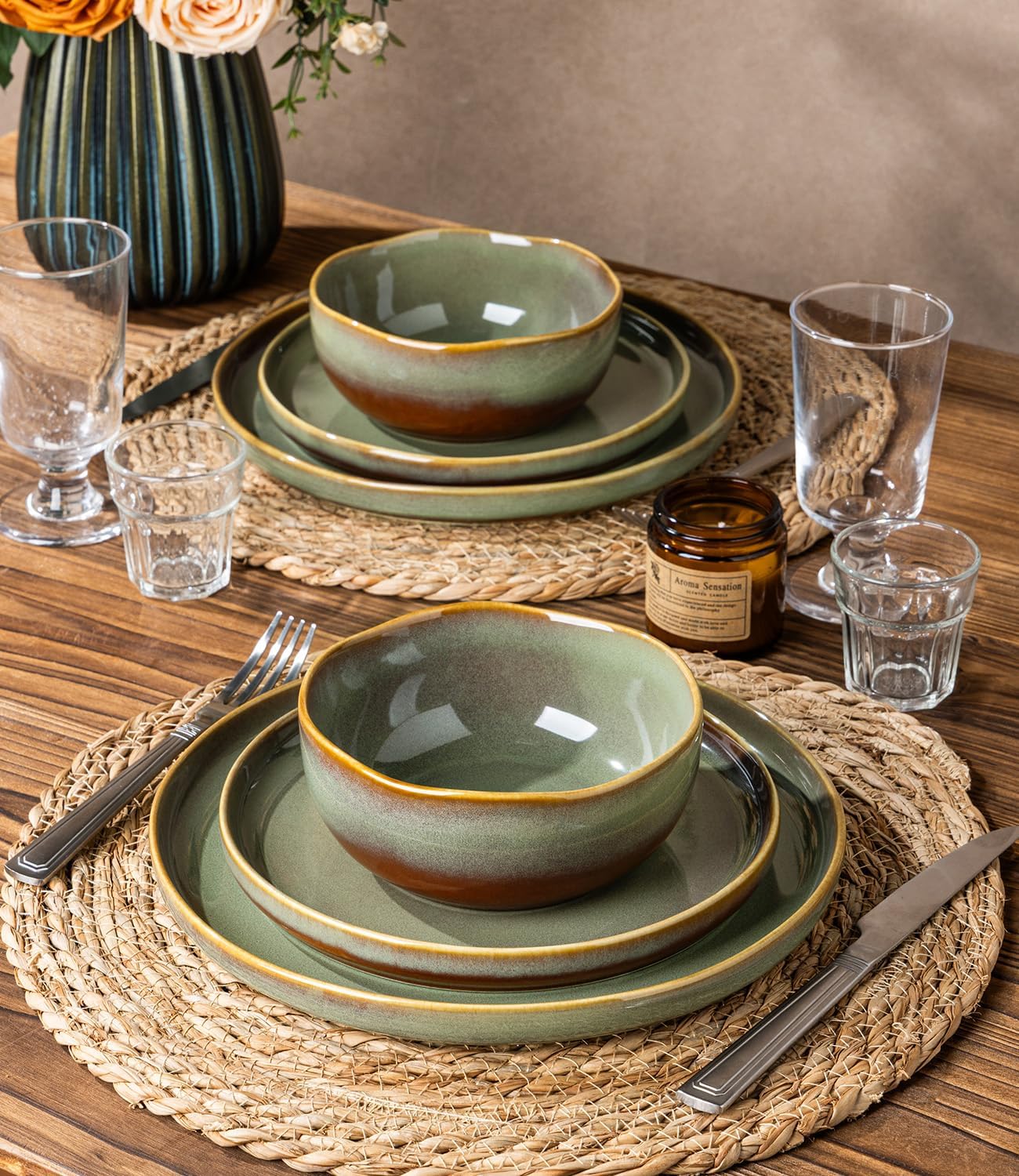 TheTerra Ceramic Dinnerware Sets for 6, 18 Pieces Handmade Reactive Glaze Plates and Bowls Sets, Scratch Resistant Dish Set, Oven & Microwave & Dishwasher Safe, Brown Green