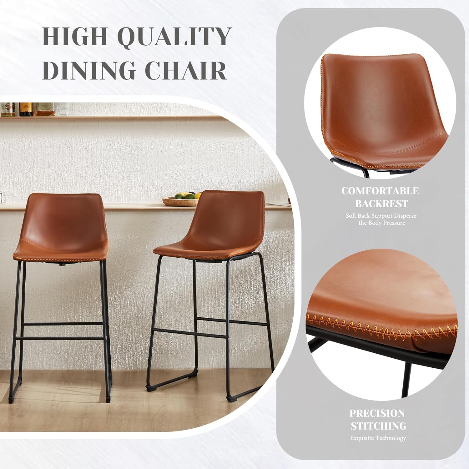 Sweetcrispy Counter Height Bar Stools Set of 4, 30 inch Height Stool Faux Leather Barstools with Back, Armless Kitchen Island Countertop Comfortable Modern Chairs with Metal Legs - Brown
