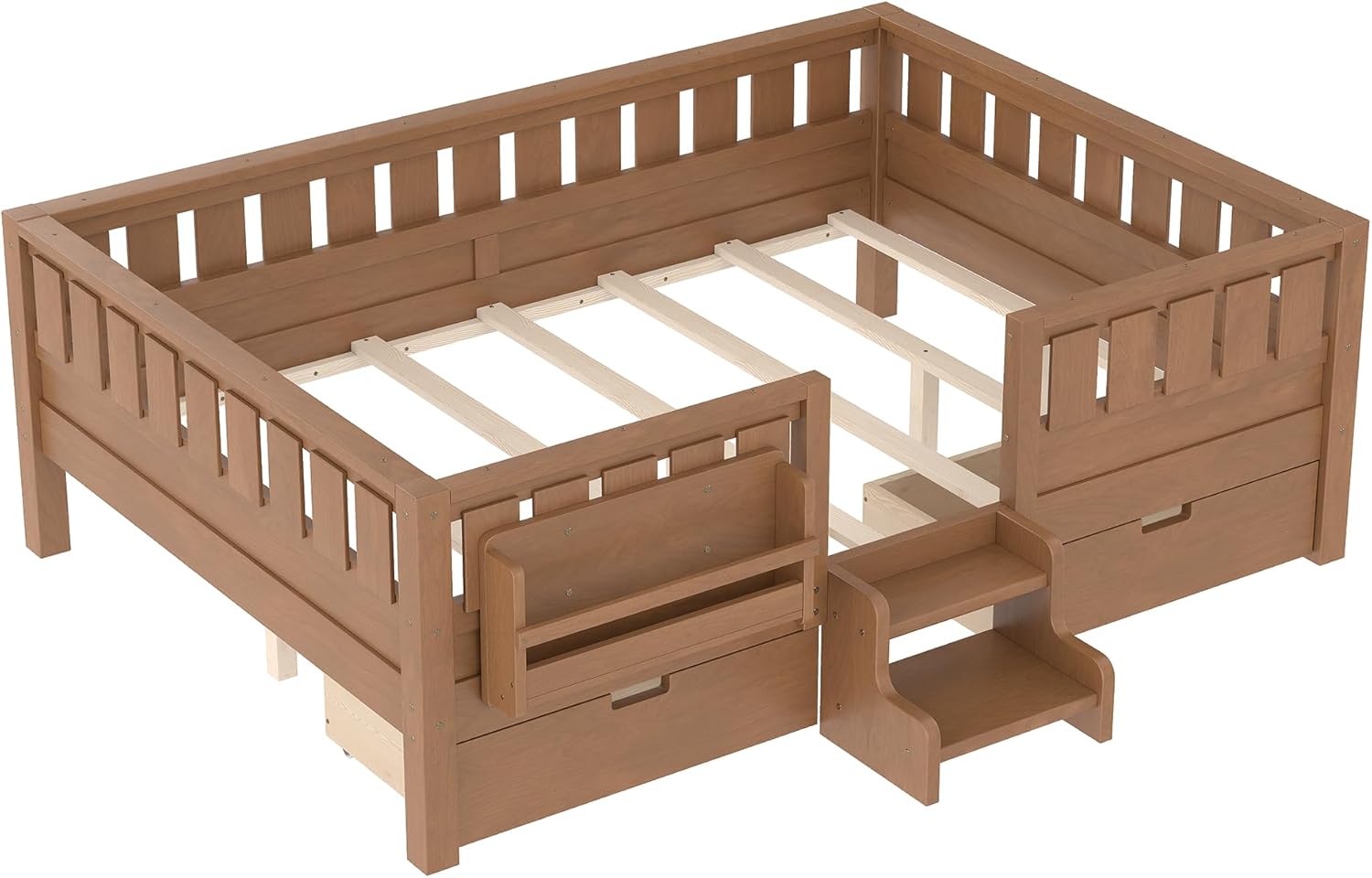 Bellemave Full Size Kids Montessori Bed with Stairs and Bookshelf,Solid Wood Full Size Kids Bed Frame with 2 Storage Drawers for Kids Girls Boys,Low-Profile,Natural