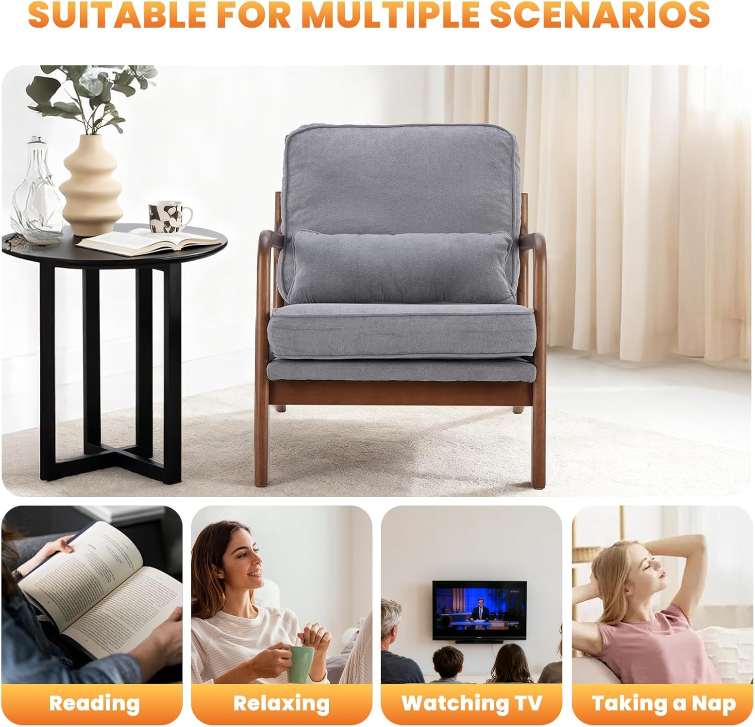 DUMOS Mid Century Accent Chair, Modern Living Room Chair with Arms and Waist Cushion, Reading Chairs for Adults, Lounge Chair for Bedroom, Solid Wooden Frame, Light Grey