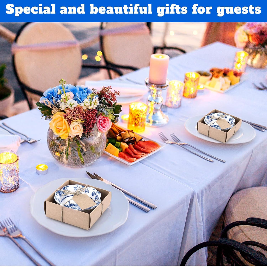 SiliFine 48 Pcs Wedding Favors for Guests Small Ceramic Bowl Bulk Gifts Set 3.3 Inch Floral Design Mini Dipping Sauce Dish with Card Box for Bridal Pooja Baby Shower Birthday (Flower,Blue)