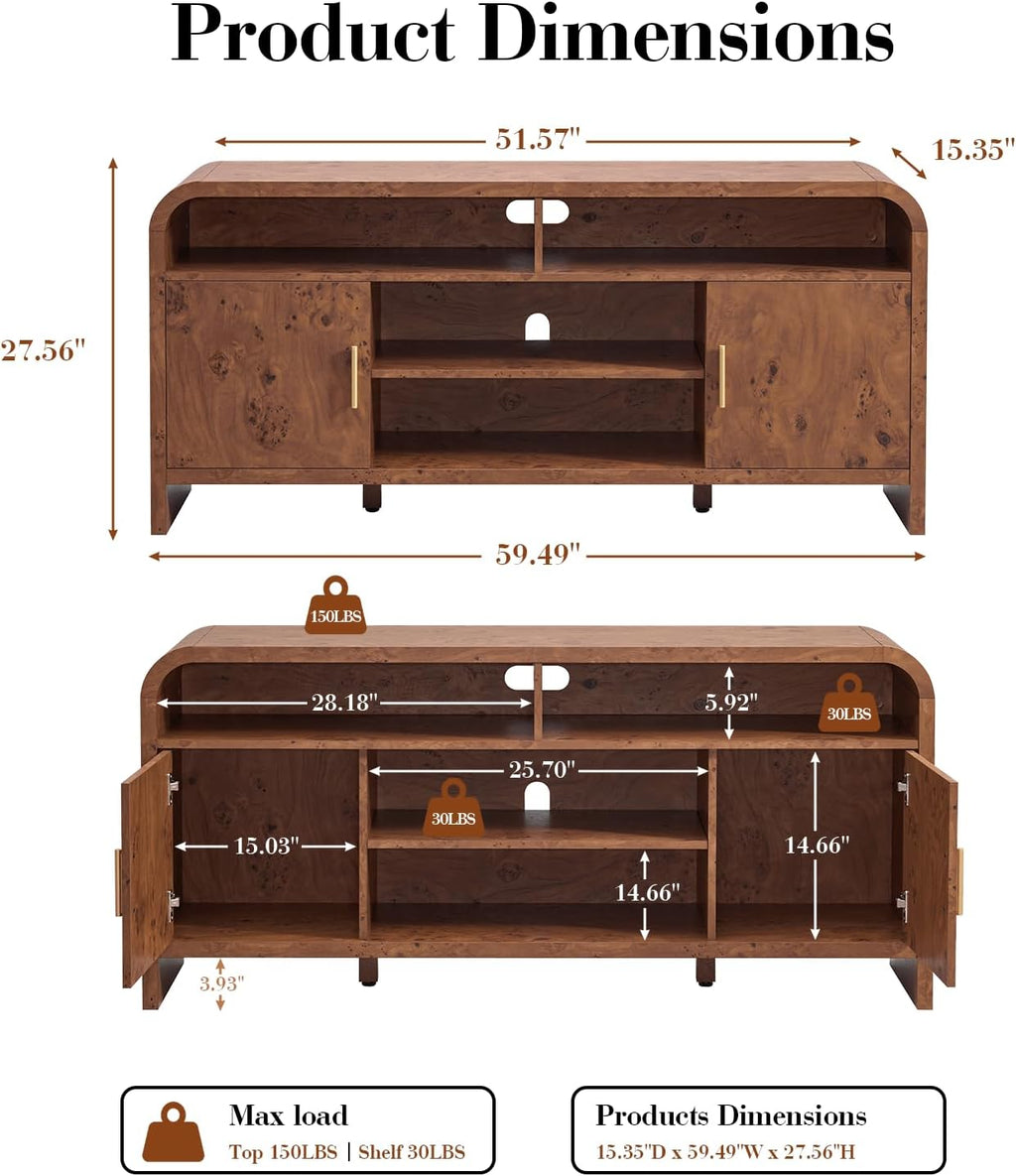 TV Stand for TVs Up to 65'' - [Unique Curved Profile, FSC-Certified Wooden Board] Entertainment Center with Adjustable Shelves and Storage Cabinet Modern Media Console for Living Room