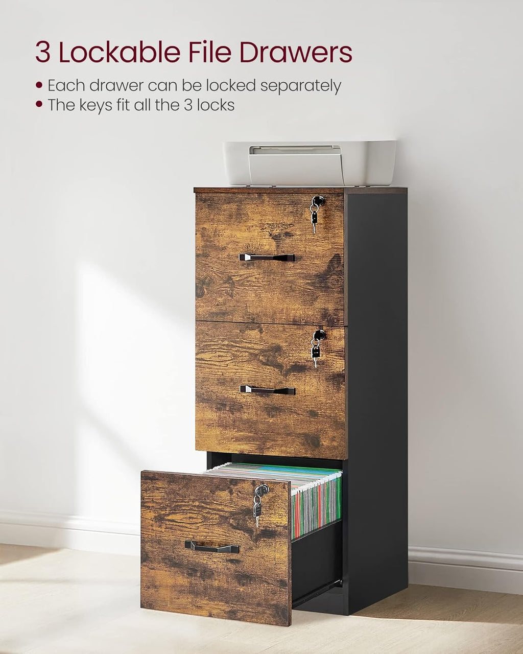 VASAGLE 3-Drawer Vertical File Cabinet, Filing Cabinet for Home Office, Printer Stand, with 3 Lockable Drawers, Adjustable Hanging Rail, for A4 and Letter-Size Files, Rustic Brown and Black UOFC055B01