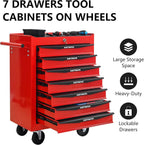 Red Metal Tool Chest with Wheels,Portable Rolling Tool Cabinet with 7 Drawers,Large Tools Chests & Cabinets with Key Locking/Pull Handle/Ball Bearing Slide for Garage Warehouse (Red+Black 7-Drawer)