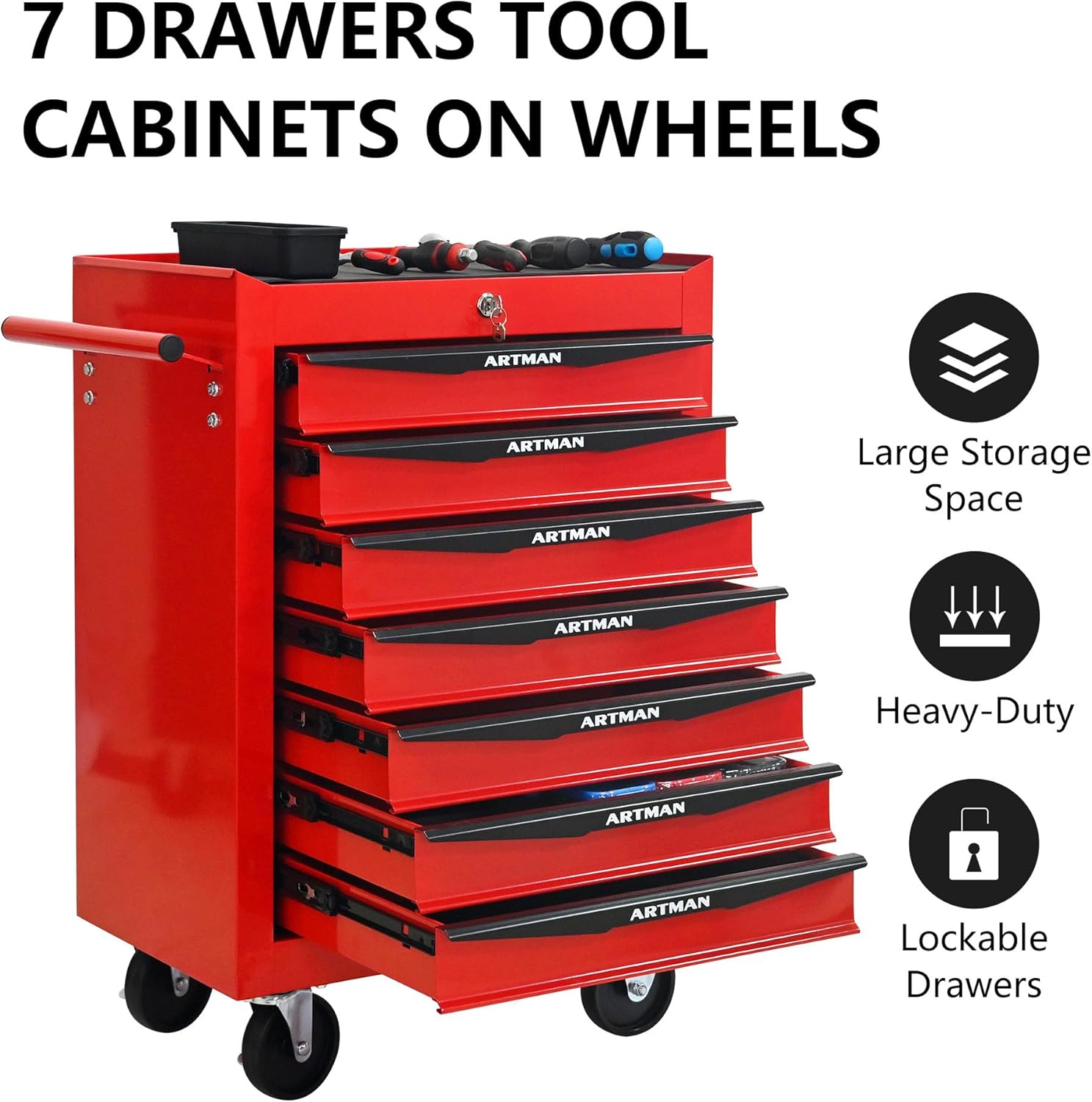 Red Metal Tool Chest with Wheels,Portable Rolling Tool Cabinet with 7 Drawers,Large Tools Chests & Cabinets with Key Locking/Pull Handle/Ball Bearing Slide for Garage Warehouse (Red+Black 7-Drawer)