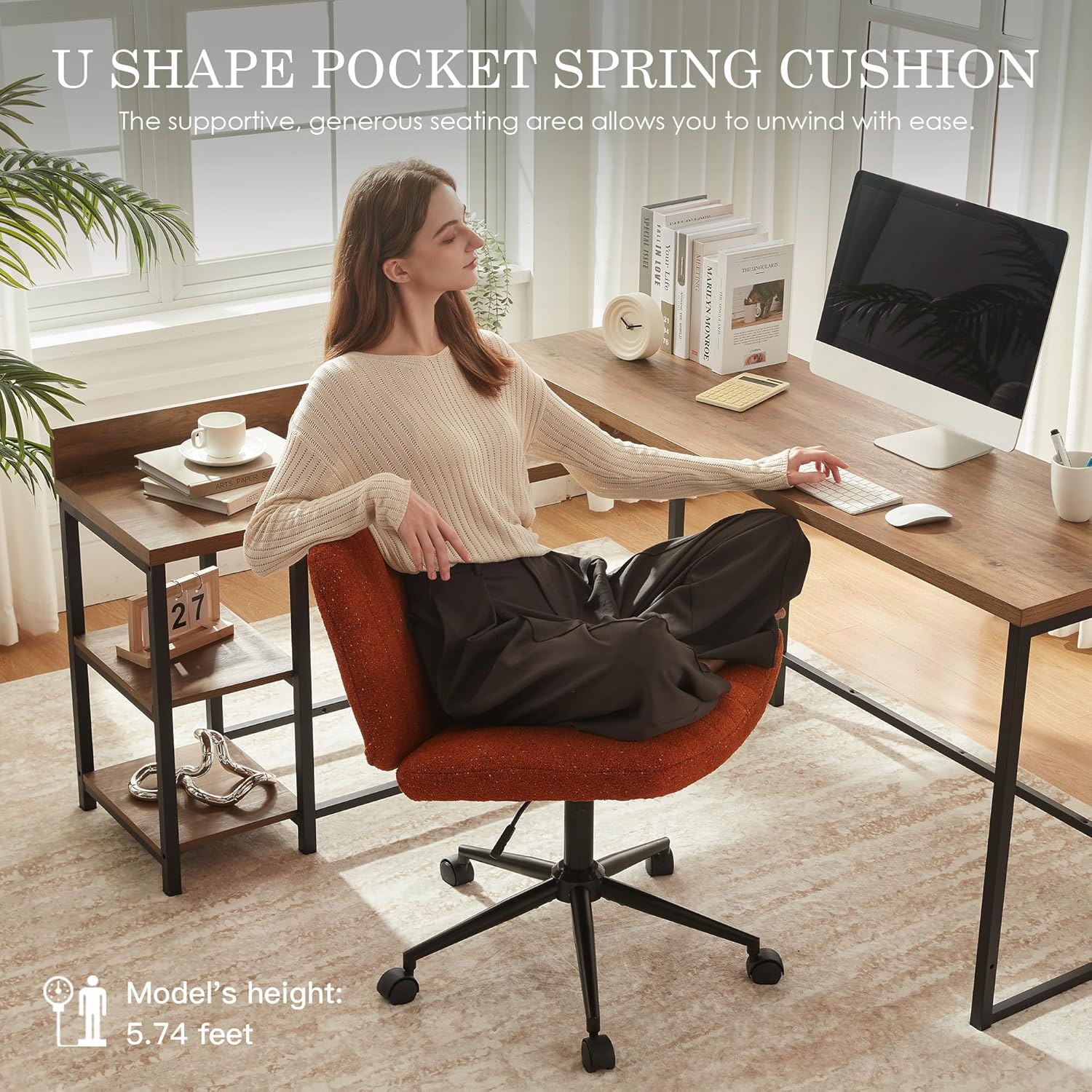 Dowinx Criss Cross Chair with Wheels, Preminum Fabric and Pocket Spring Cushion, Adjustable Swivel Wide Seat Computer Chair, Morden Design Vanity Chair Orange